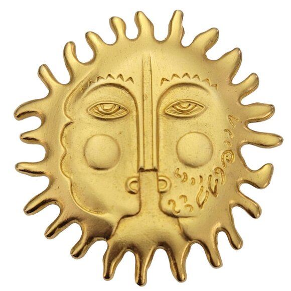 Maxine Denker Gold Tone Sun Face Brooch Pin, Signed K585 - Picture 2 of 8